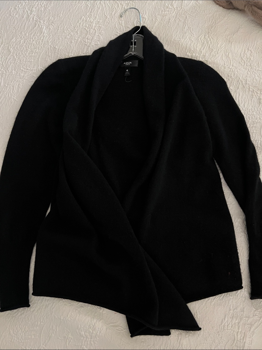 Aqua Black Draped Open-Front Girls Cashmere Cardigan